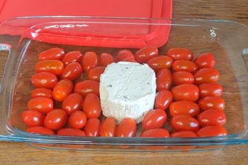 pyrex dish with grape tomatoes and boursin cheese